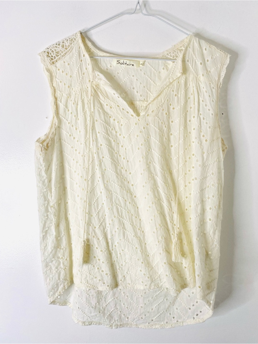 Ivory Eyelet Cotton Crochet Lace Boho Sleeveless Peasant Top Solitaire